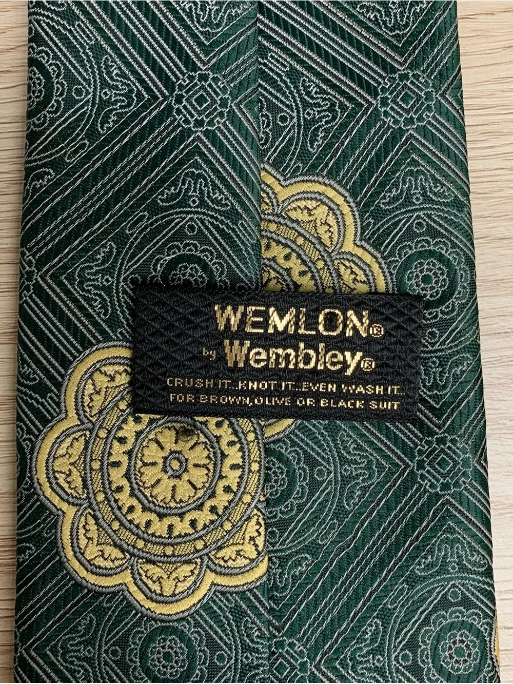 Wemlon by Wembley Jacquard Baroque Medallion Tie Dark Green Gold Italian Vintage